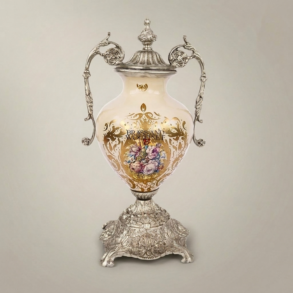 Rococo Brass & Ceramic Lidded Urn Vase with Scroll Handles and Floral Medallion — Silver