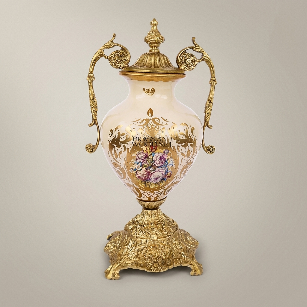 Rococo Brass & Ceramic Lidded Urn Vase with Scroll Handles and Floral Medallion — Antique Gold