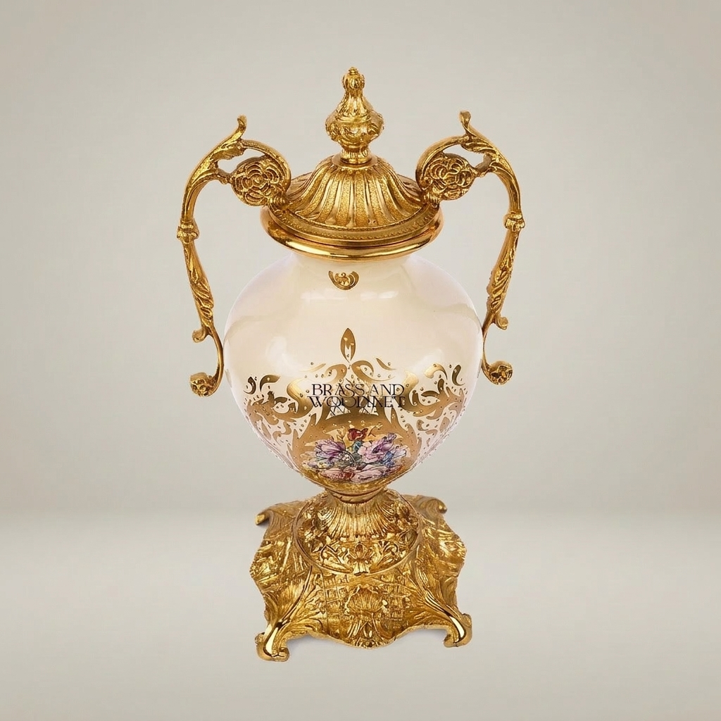Rococo Brass & Ceramic Lidded Urn Vase with Scroll Handles and Floral Medallion — Gold