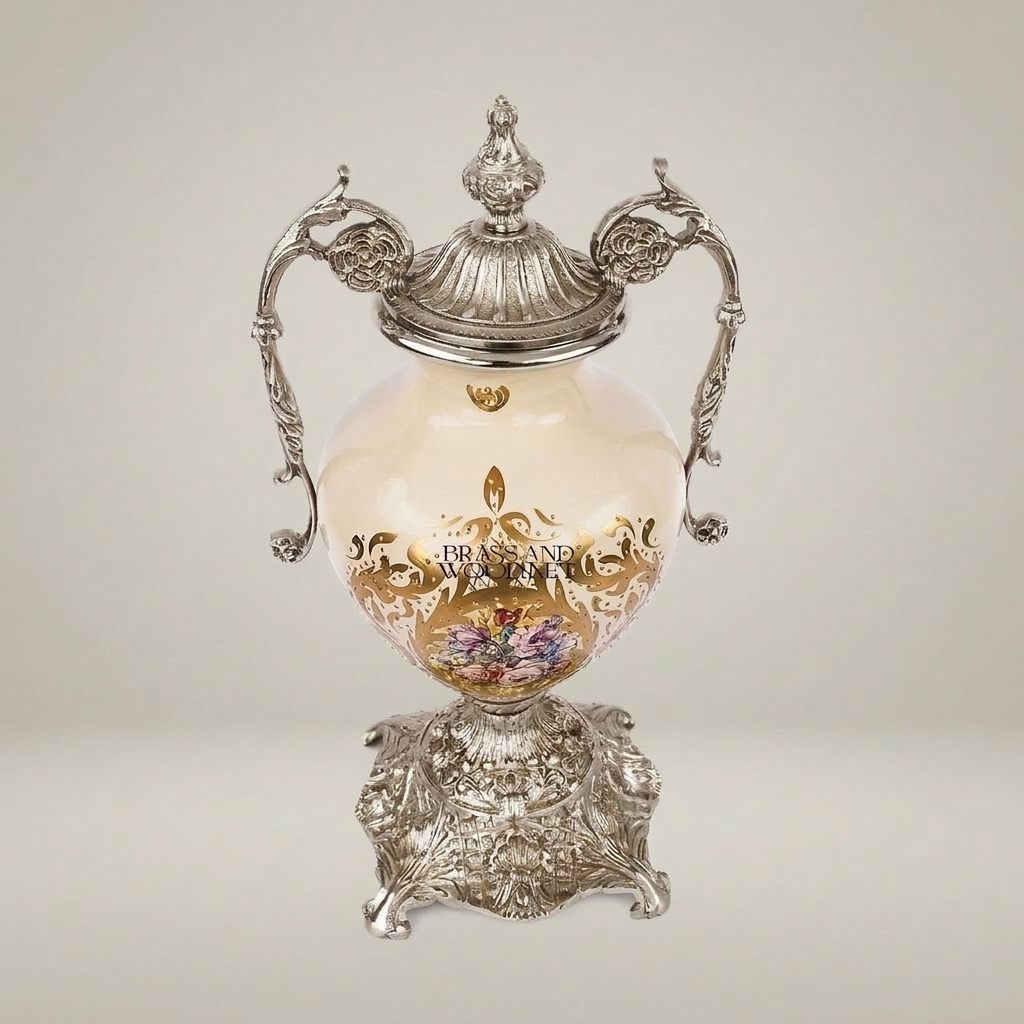 Rococo Brass & Ceramic Lidded Urn Vase with Scroll Handles and Floral Medallion — Silver