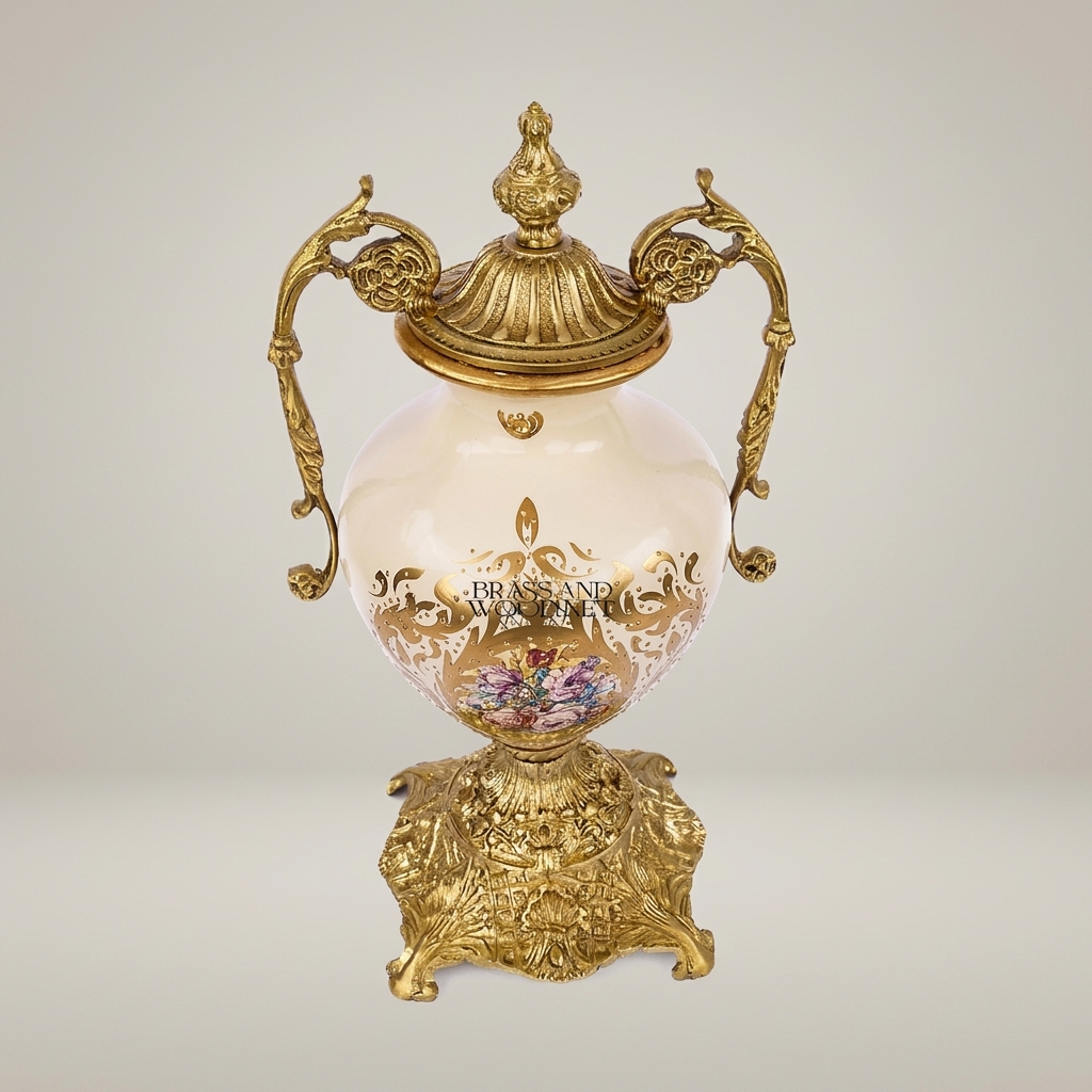 Rococo Brass & Ceramic Lidded Urn Vase with Scroll Handles and Floral Medallion — Antique Gold