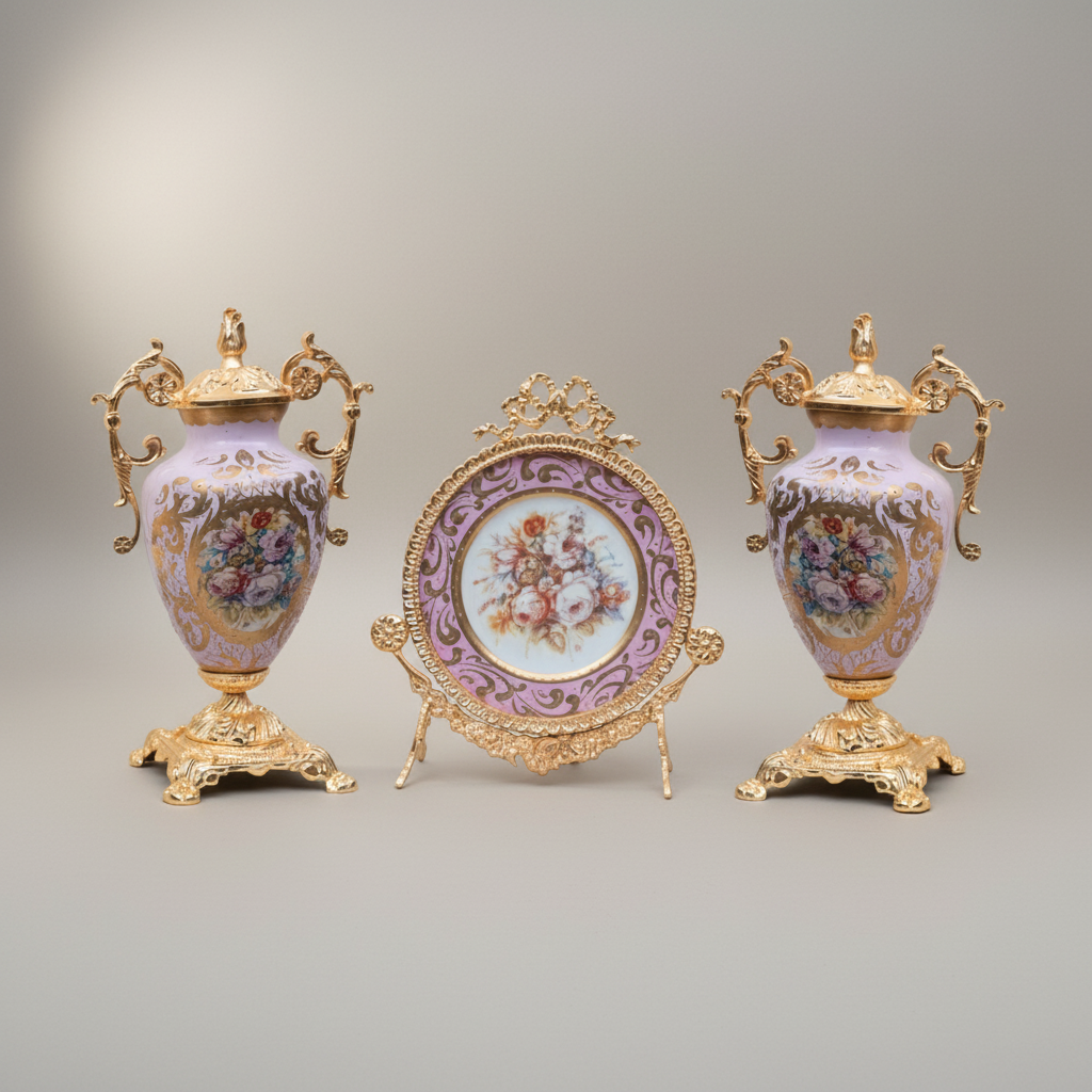 Rococo Brass & Ceramic Lidded Urn Vase Set with Floral Medallion — Twin Urns & Display Plate