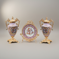 Rococo Brass & Ceramic Lidded Urn Vase Set with Floral Medallion — Twin Urns & Display Plate — Gold
