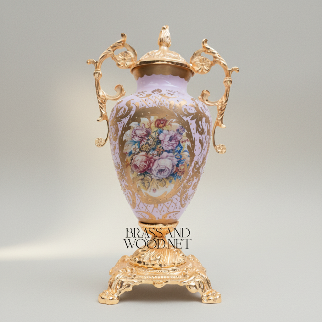 Rococo Brass & Ceramic Lidded Urn Vase Set with Floral Medallion — Twin Urns & Display Plate — Gold