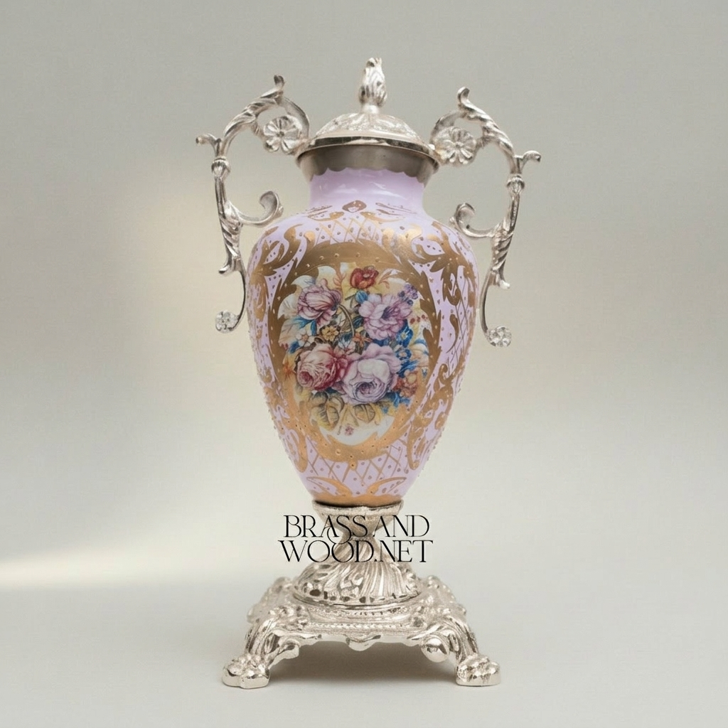 Rococo Brass & Ceramic Lidded Urn Vase Set with Floral Medallion — Twin Urns & Display Plate — Silver