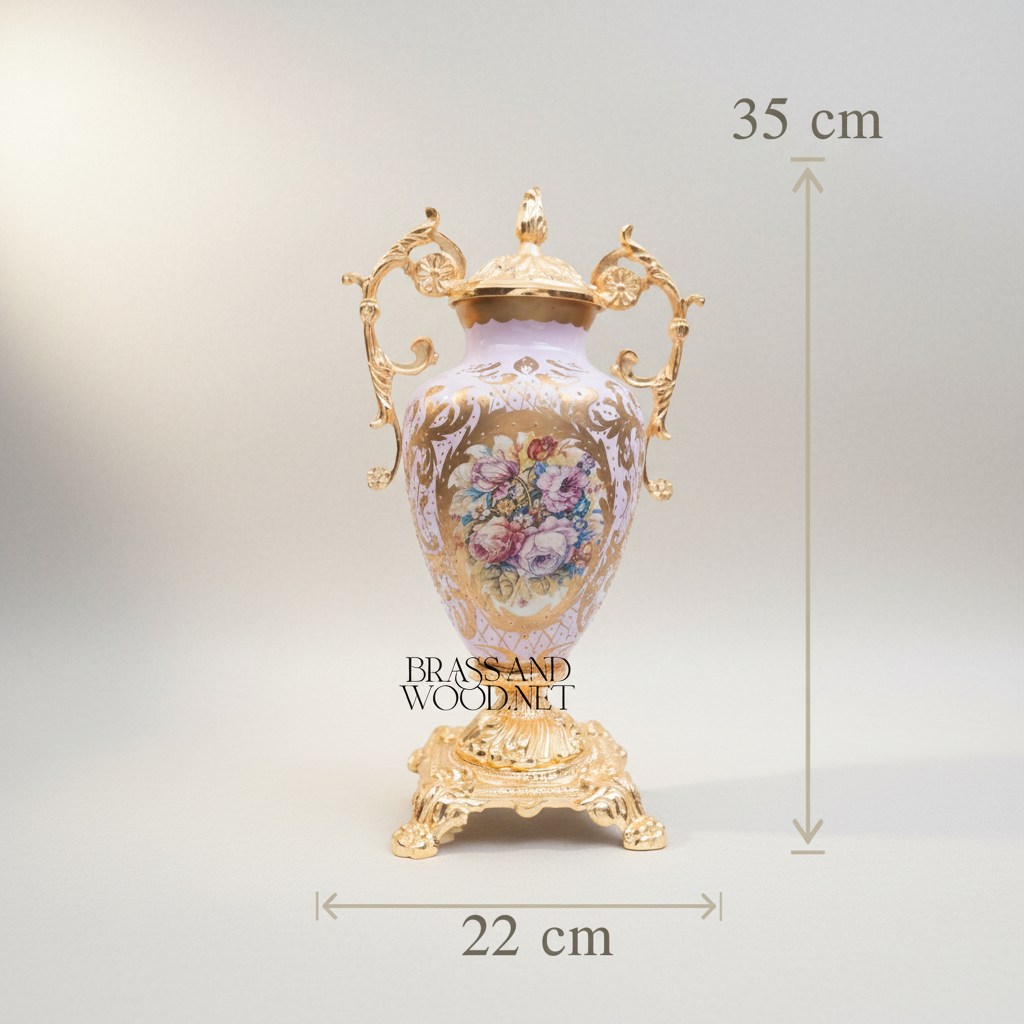 Rococo Brass & Ceramic Lidded Urn Vase Set with Floral Medallion — Twin Urns & Display Plate — Gold