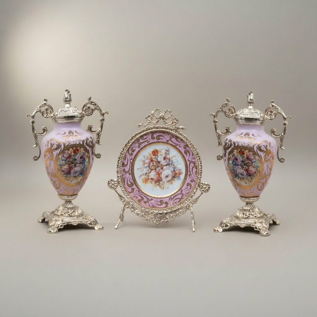 Rococo Brass & Ceramic Lidded Urn Vase Set with Floral Medallion — Twin Urns & Display Plate — Silver