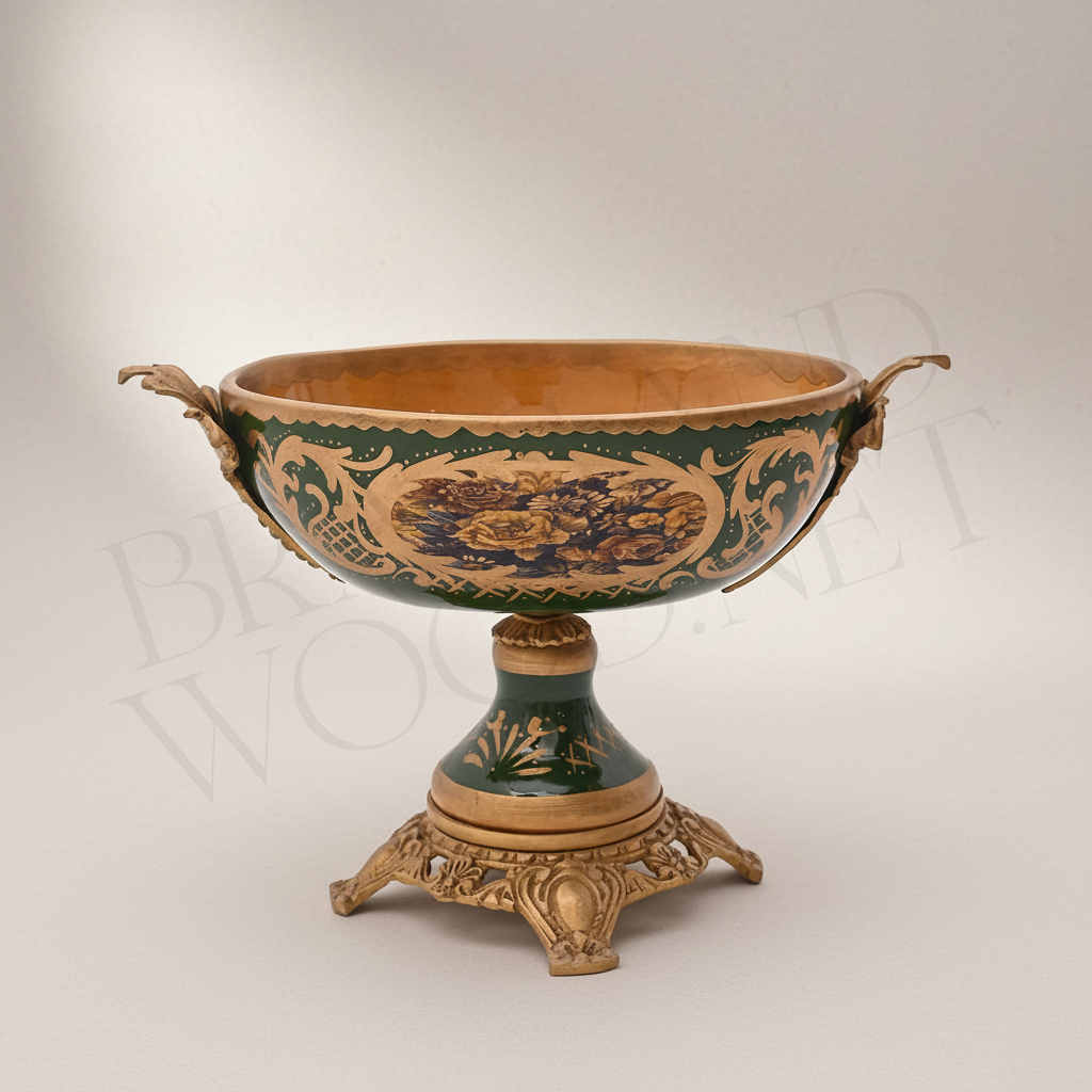 Rococo Brass & Ceramic Lidded Urn Vase Set with Pedestal Bowl - Forest Green Medallion — Antique Gold