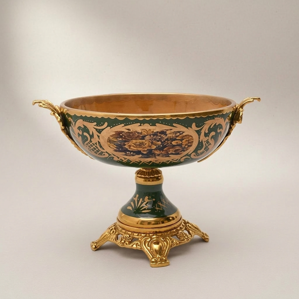 Rococo Brass & Ceramic Lidded Urn Vase Set with Pedestal Bowl - Forest Green Medallion — Gold