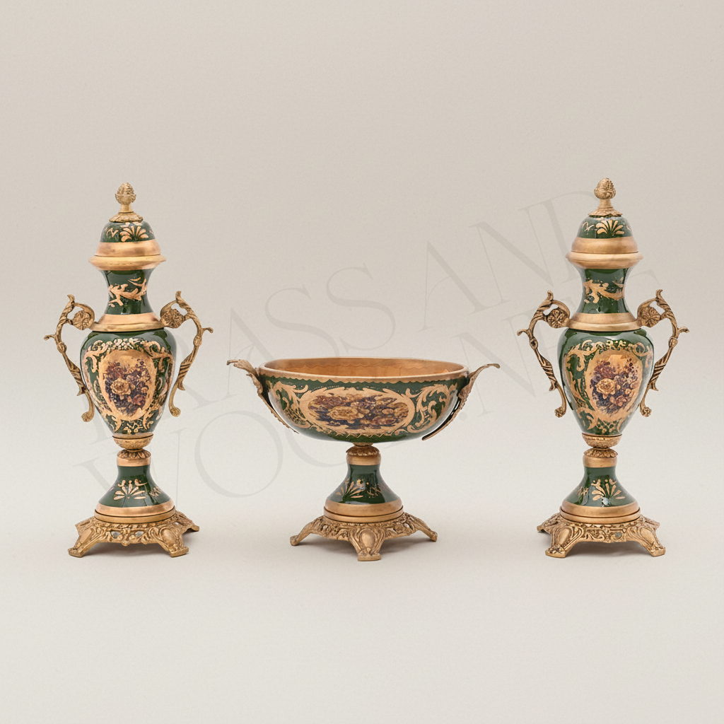 Rococo Brass & Ceramic Lidded Urn Vase Set with Pedestal Bowl - Forest Green Medallion — Antique Gold