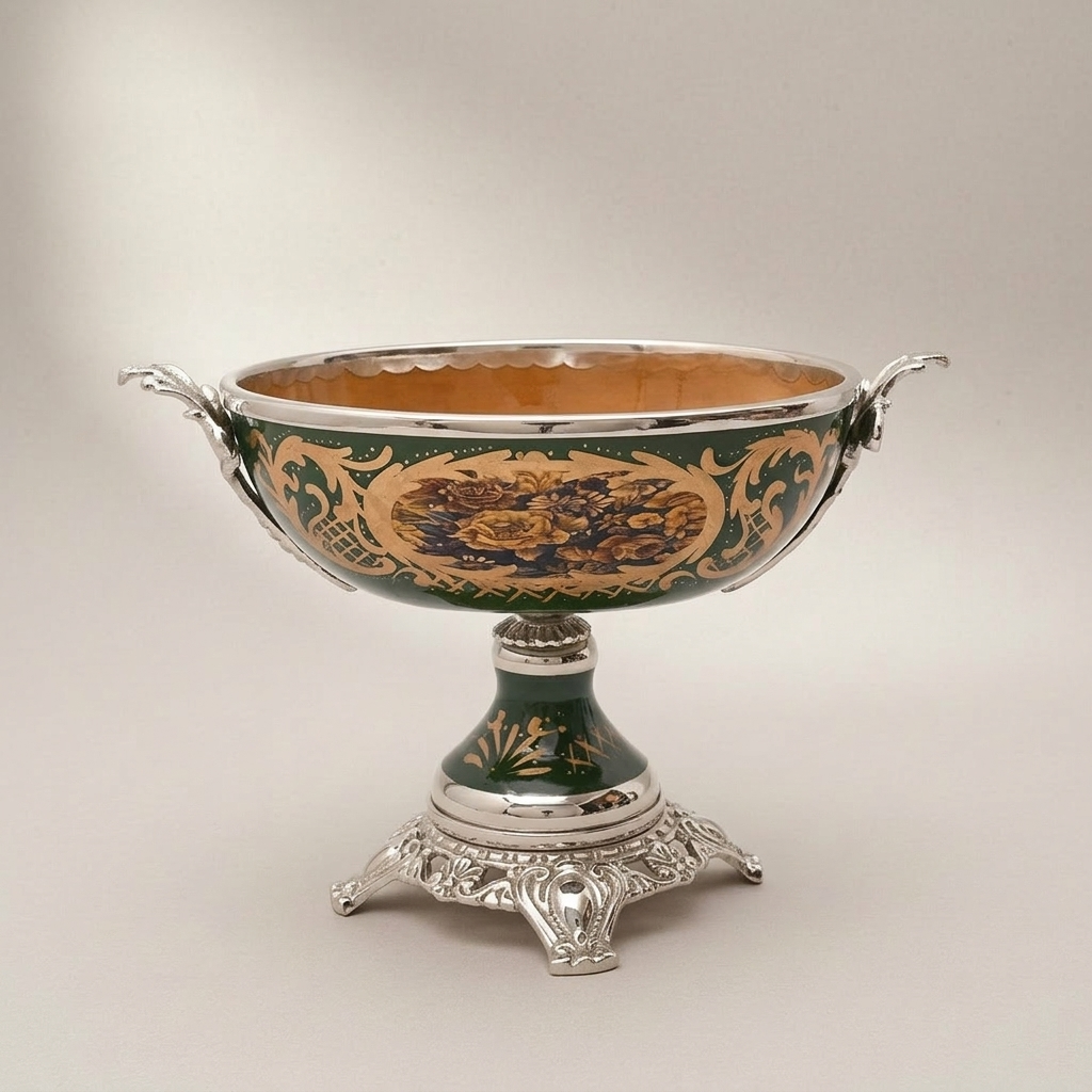 Rococo Brass & Ceramic Lidded Urn Vase Set with Pedestal Bowl - Forest Green Medallion — Silver