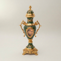 Rococo Brass & Ceramic Lidded Urn Vase Set with Pedestal Bowl - Forest Green Medallion — Gold