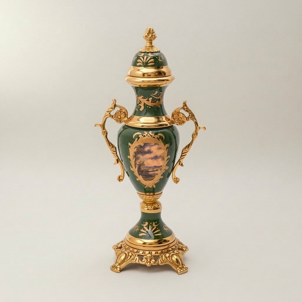 Rococo Brass & Ceramic Lidded Urn Vase Set with Pedestal Bowl - Forest Green Medallion — Gold