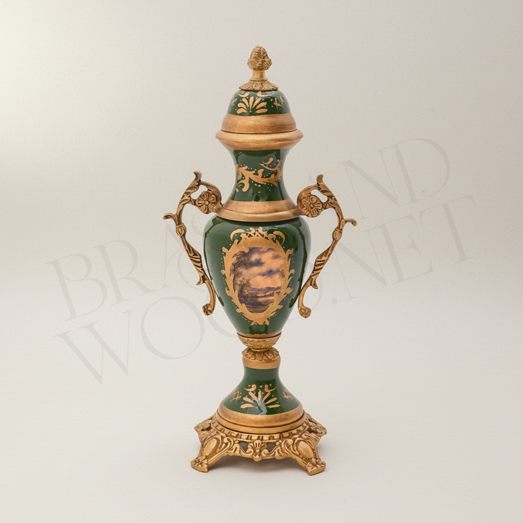 Rococo Brass & Ceramic Lidded Urn Vase Set with Pedestal Bowl - Forest Green Medallion — Antique Gold