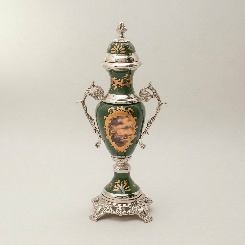 Rococo Brass & Ceramic Lidded Urn Vase Set with Pedestal Bowl - Forest Green Medallion — Silver