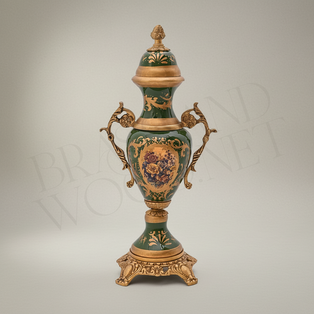 Rococo Brass & Ceramic Lidded Urn Vase Set with Pedestal Bowl - Forest Green Medallion — Antique Gold