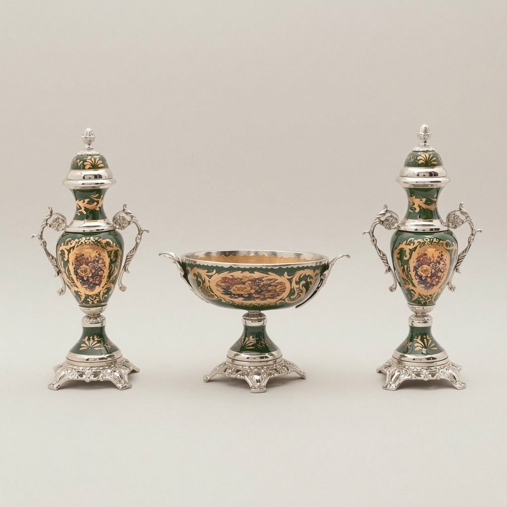 Rococo Brass & Ceramic Lidded Urn Vase Set with Pedestal Bowl - Forest Green Medallion — Silver