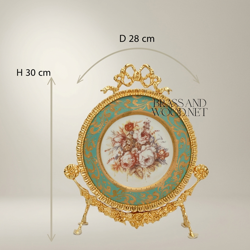 Rococo Brass & Ceramic Oval Display Plate on Stand – Turquoise Floral Bouquet