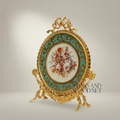 Rococo Brass & Ceramic Oval Display Plate on Stand – Turquoise Floral Bouquet — Gold