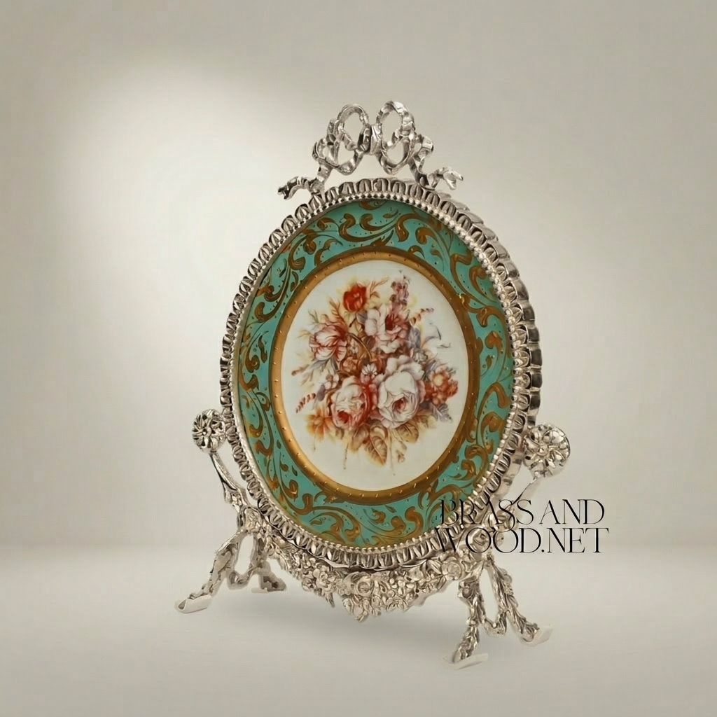 Rococo Brass & Ceramic Oval Display Plate on Stand – Turquoise Floral Bouquet — Silver