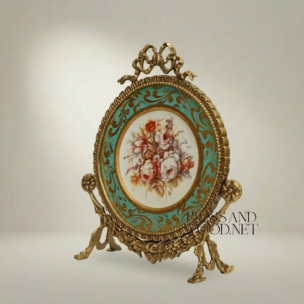 Rococo Brass & Ceramic Oval Display Plate on Stand – Turquoise Floral Bouquet — Antique Gold