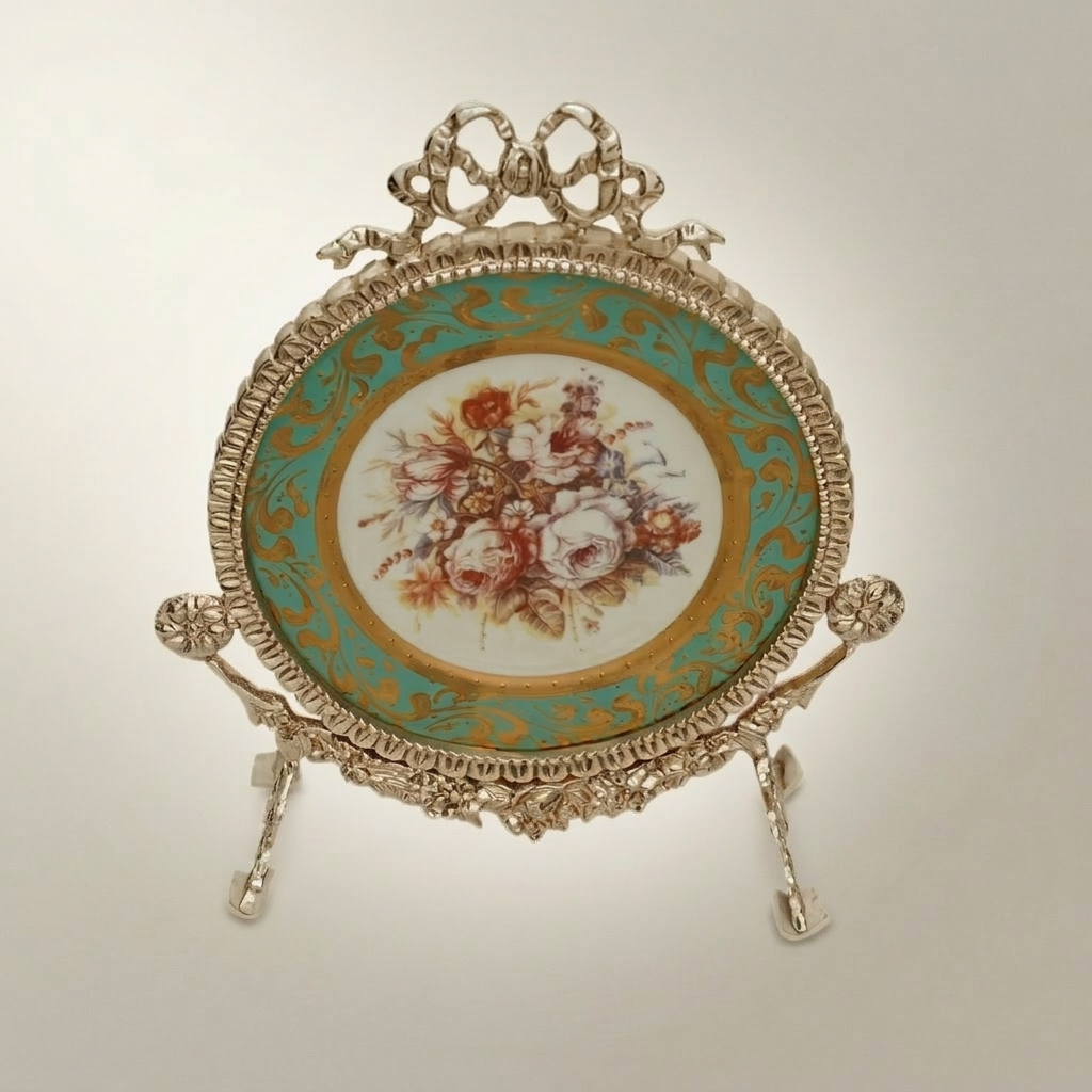 Rococo Brass & Ceramic Oval Display Plate on Stand – Turquoise Floral Bouquet — Silver