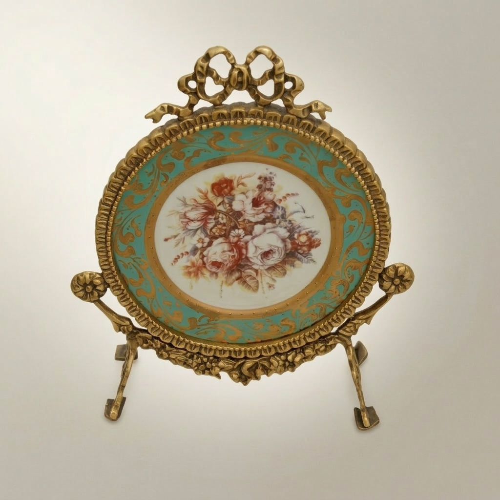 Rococo Brass & Ceramic Oval Display Plate on Stand – Turquoise Floral Bouquet — Antique Gold