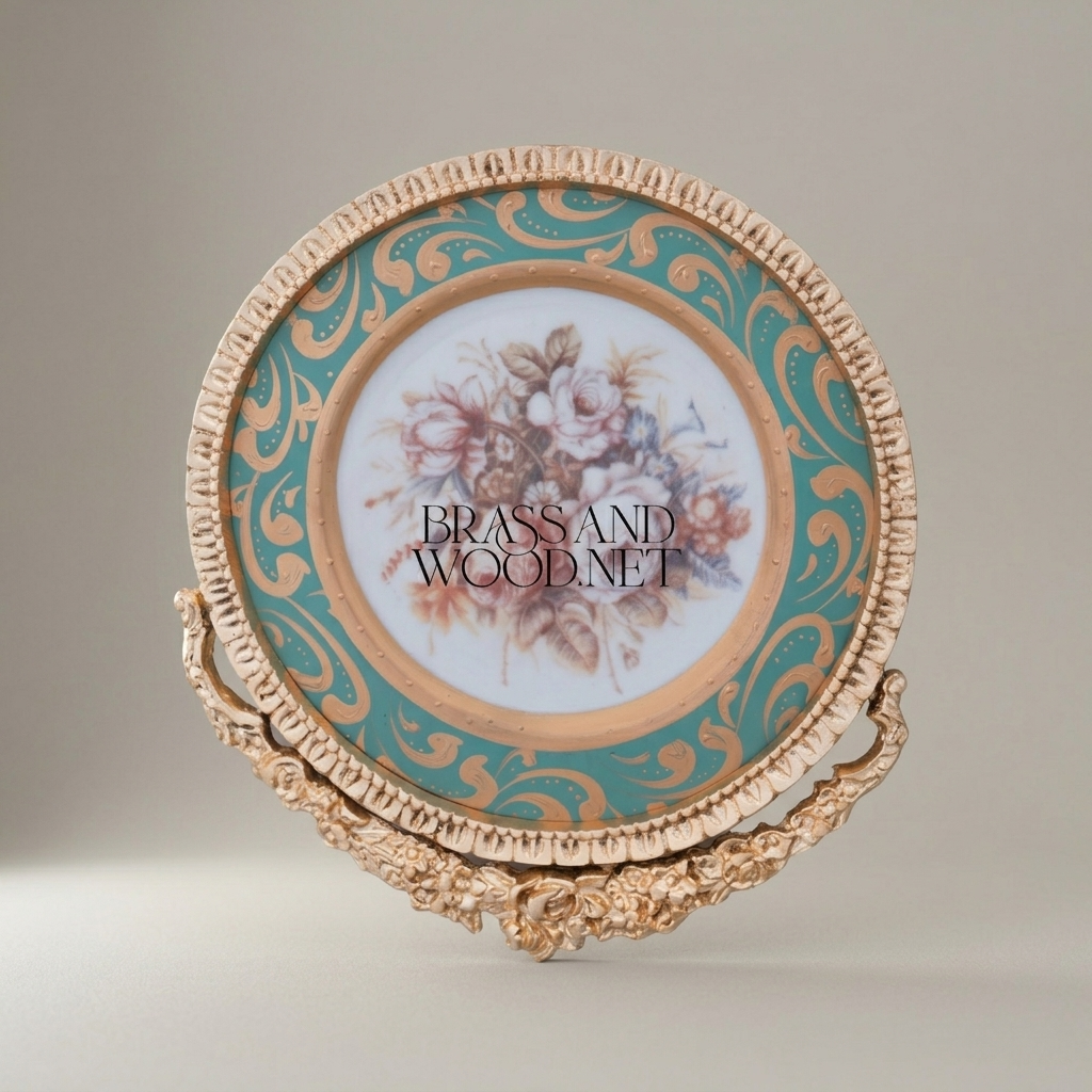 Rococo Brass & Ceramic Round Wall Plaque - Turquoise Floral Bouquet with Ribbon Crest