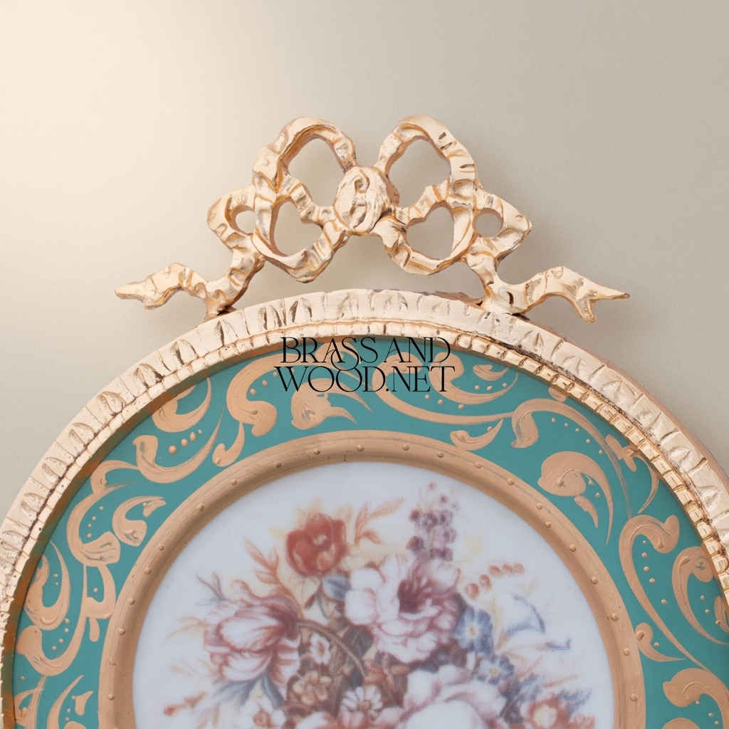 Rococo Brass & Ceramic Round Wall Plaque - Turquoise Floral Bouquet with Ribbon Crest