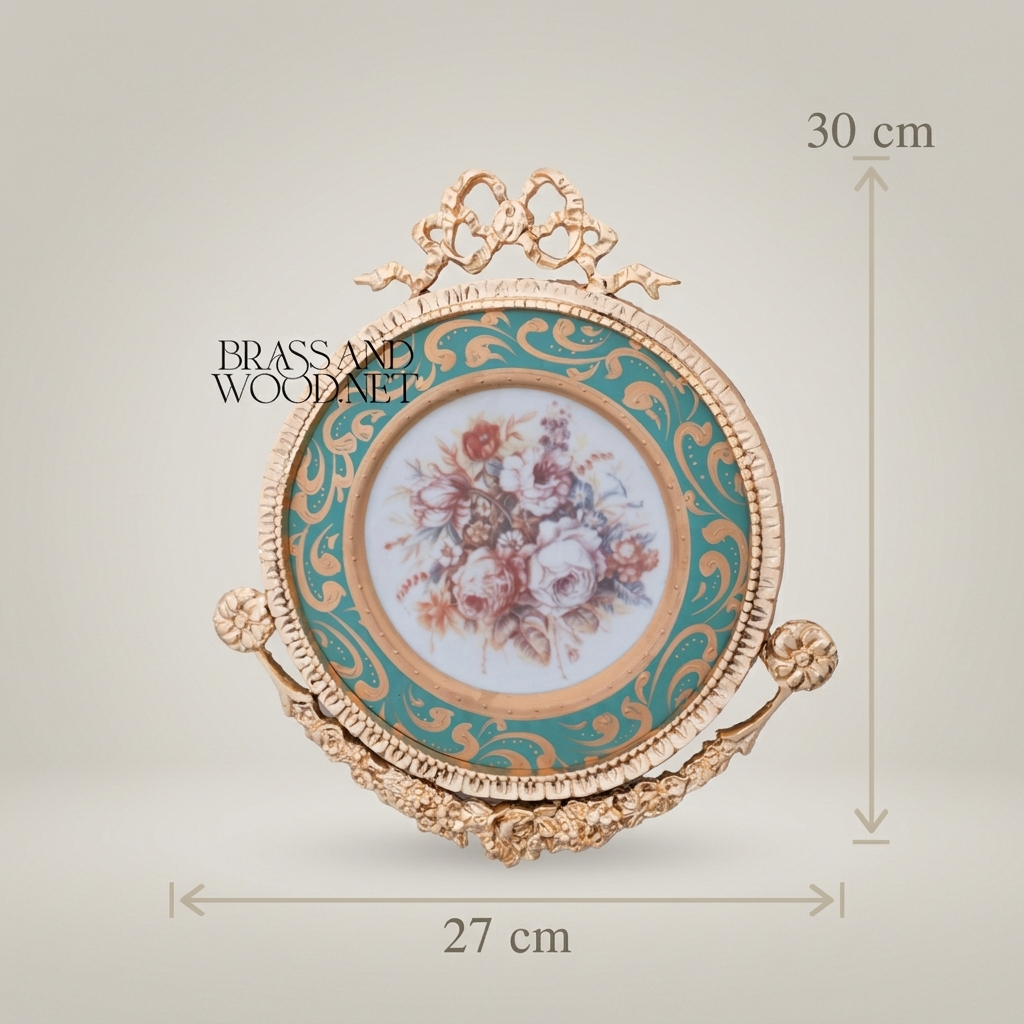 Rococo Brass & Ceramic Round Wall Plaque - Turquoise Floral Bouquet with Ribbon Crest