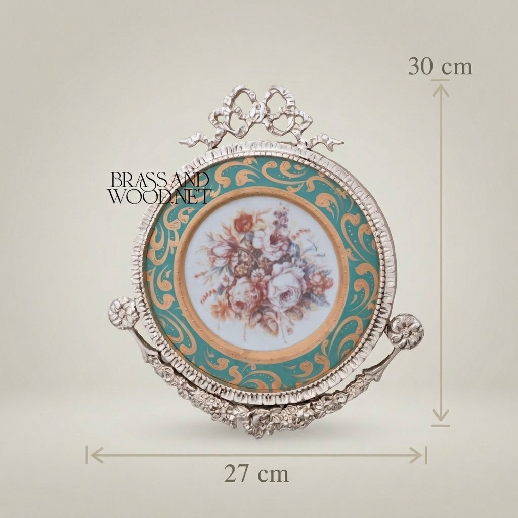 Rococo Brass & Ceramic Round Wall Plaque - Turquoise Floral Bouquet with Ribbon Crest — Silver