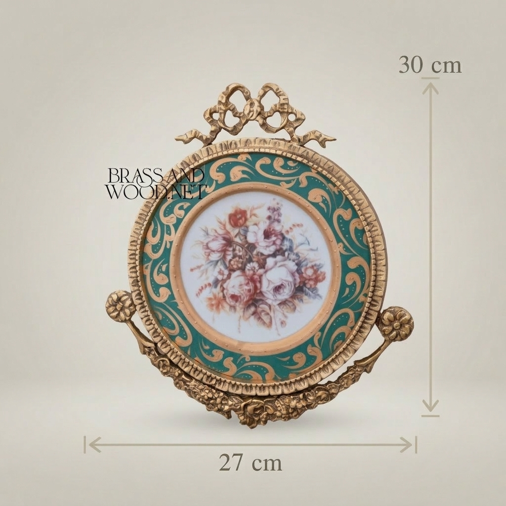 Rococo Brass & Ceramic Round Wall Plaque - Turquoise Floral Bouquet with Ribbon Crest — Antique Gold