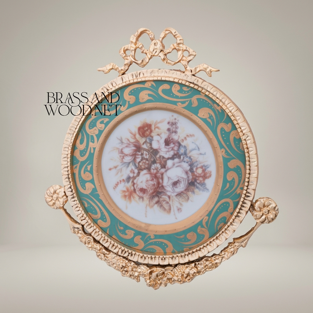Rococo Brass & Ceramic Round Wall Plaque - Turquoise Floral Bouquet with Ribbon Crest