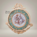 Rococo Brass & Ceramic Round Wall Plaque - Turquoise Floral Bouquet with Ribbon Crest — Gold