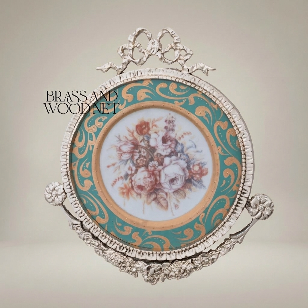 Rococo Brass & Ceramic Round Wall Plaque - Turquoise Floral Bouquet with Ribbon Crest — Silver