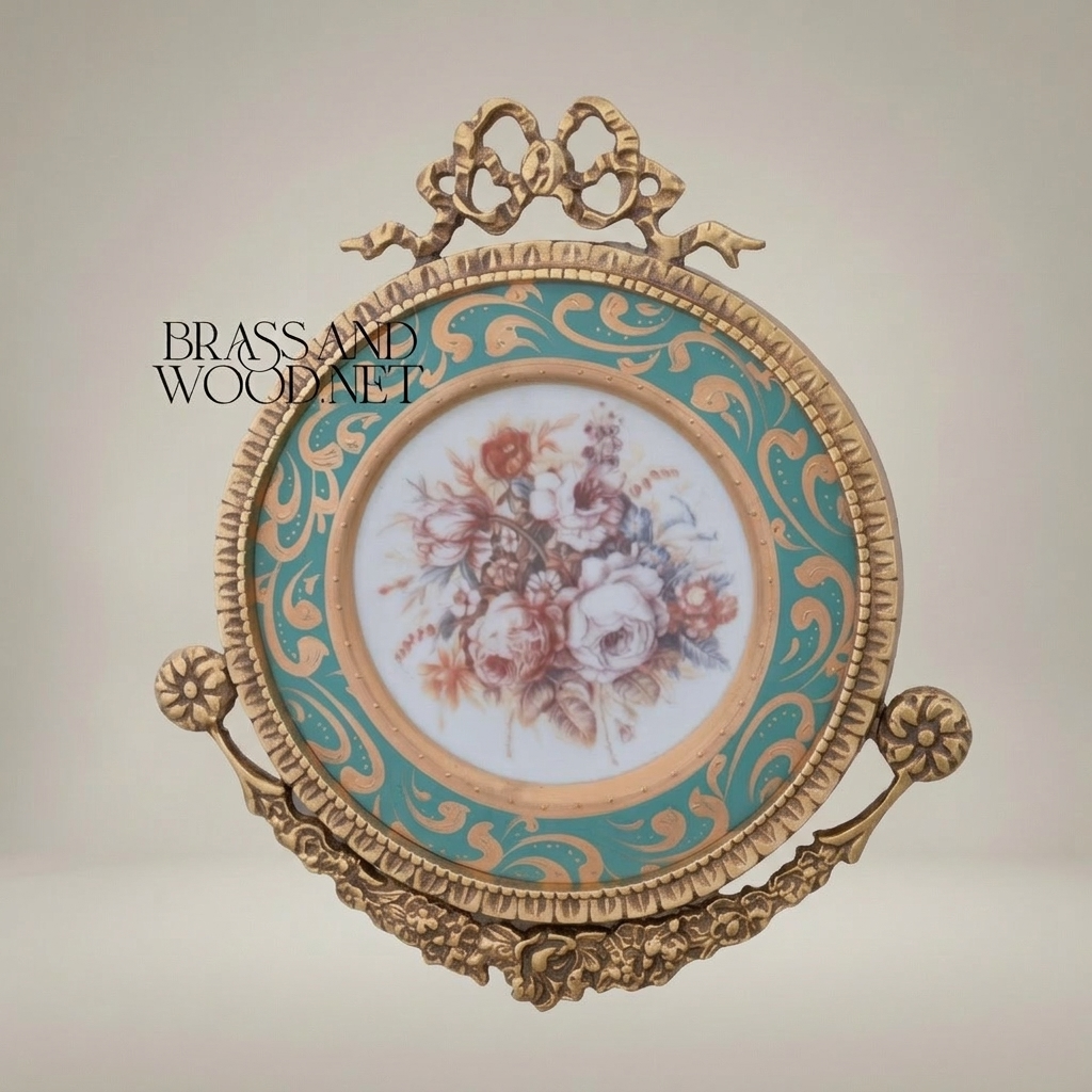 Rococo Brass & Ceramic Round Wall Plaque - Turquoise Floral Bouquet with Ribbon Crest — Antique Gold