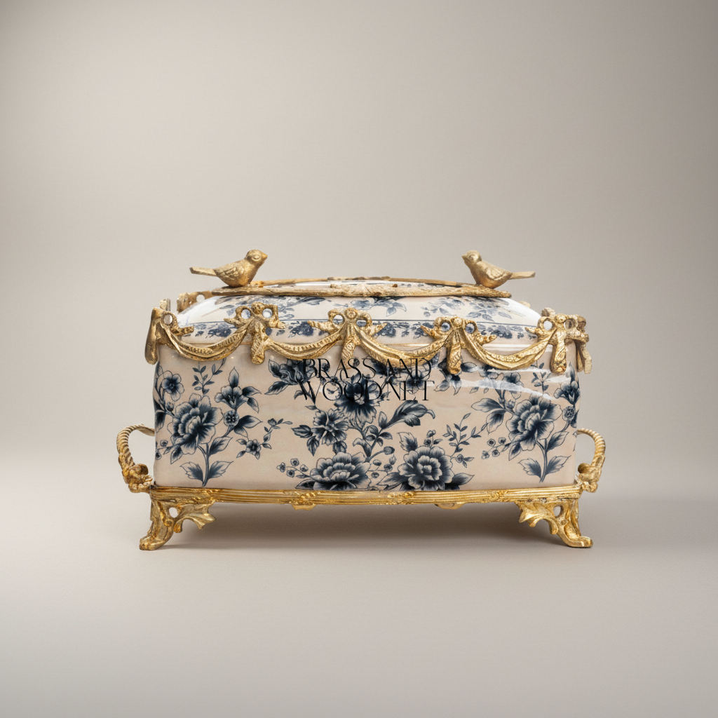 Rococo Brass & Ceramic Tissue Box - Blue Floral Toile with Swag & Bird Finials — Antique Gold