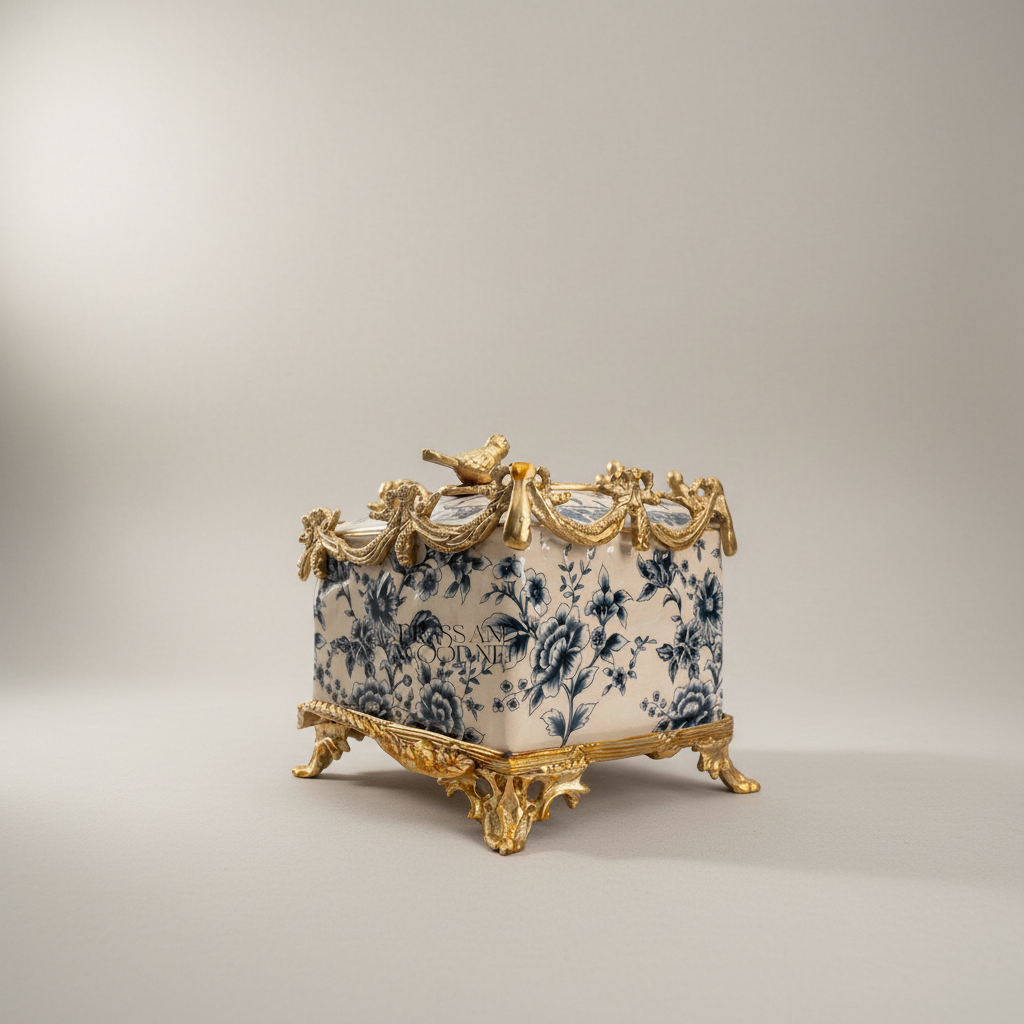 Rococo Brass & Ceramic Tissue Box - Blue Floral Toile with Swag & Bird Finials — Antique Gold