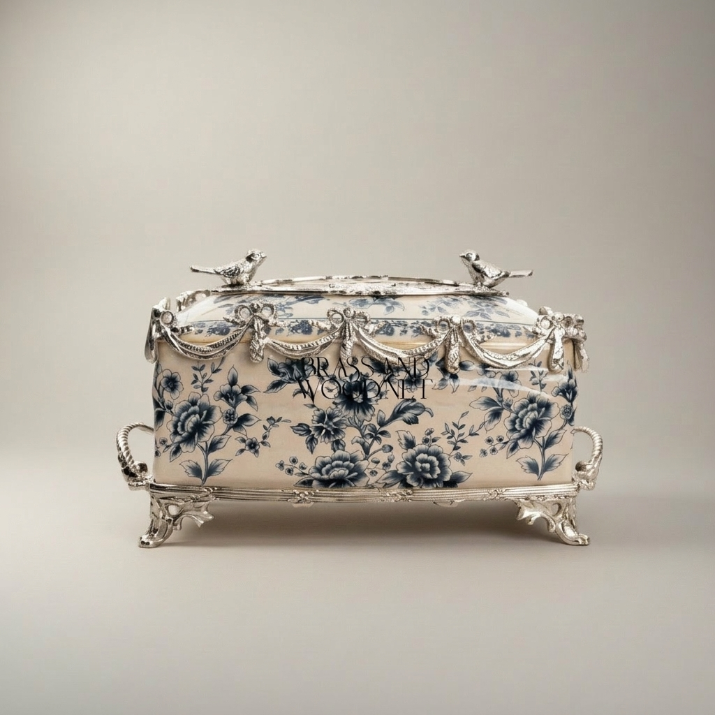Rococo Brass & Ceramic Tissue Box - Blue Floral Toile with Swag & Bird Finials