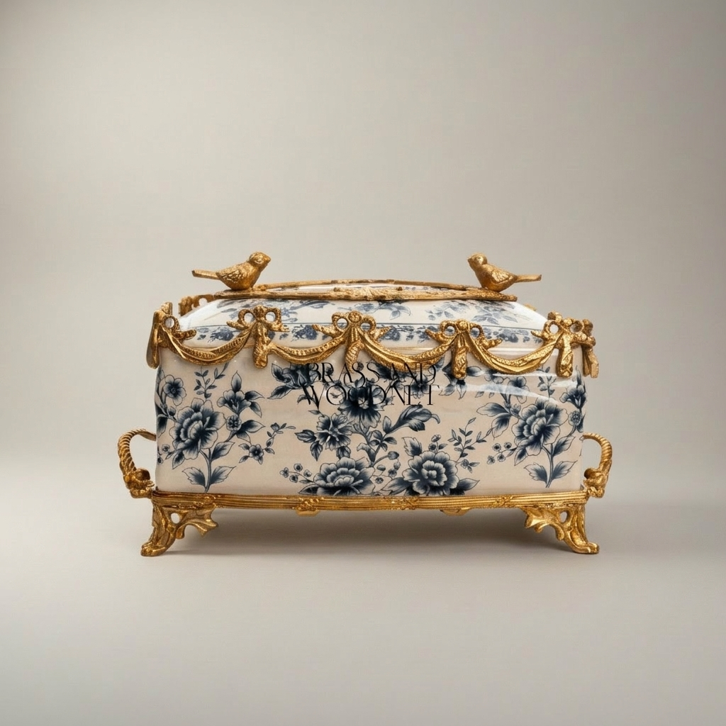 Rococo Brass & Ceramic Tissue Box - Blue Floral Toile with Swag & Bird Finials — Gold