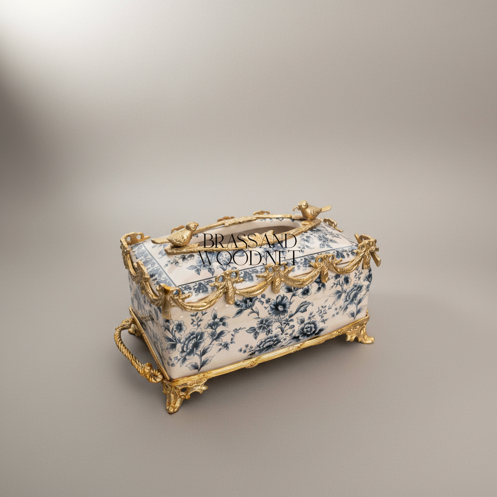 Rococo Brass & Ceramic Tissue Box - Blue Floral Toile with Swag & Bird Finials — Antique Gold