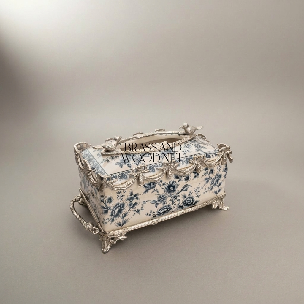 Rococo Brass & Ceramic Tissue Box - Blue Floral Toile with Swag & Bird Finials