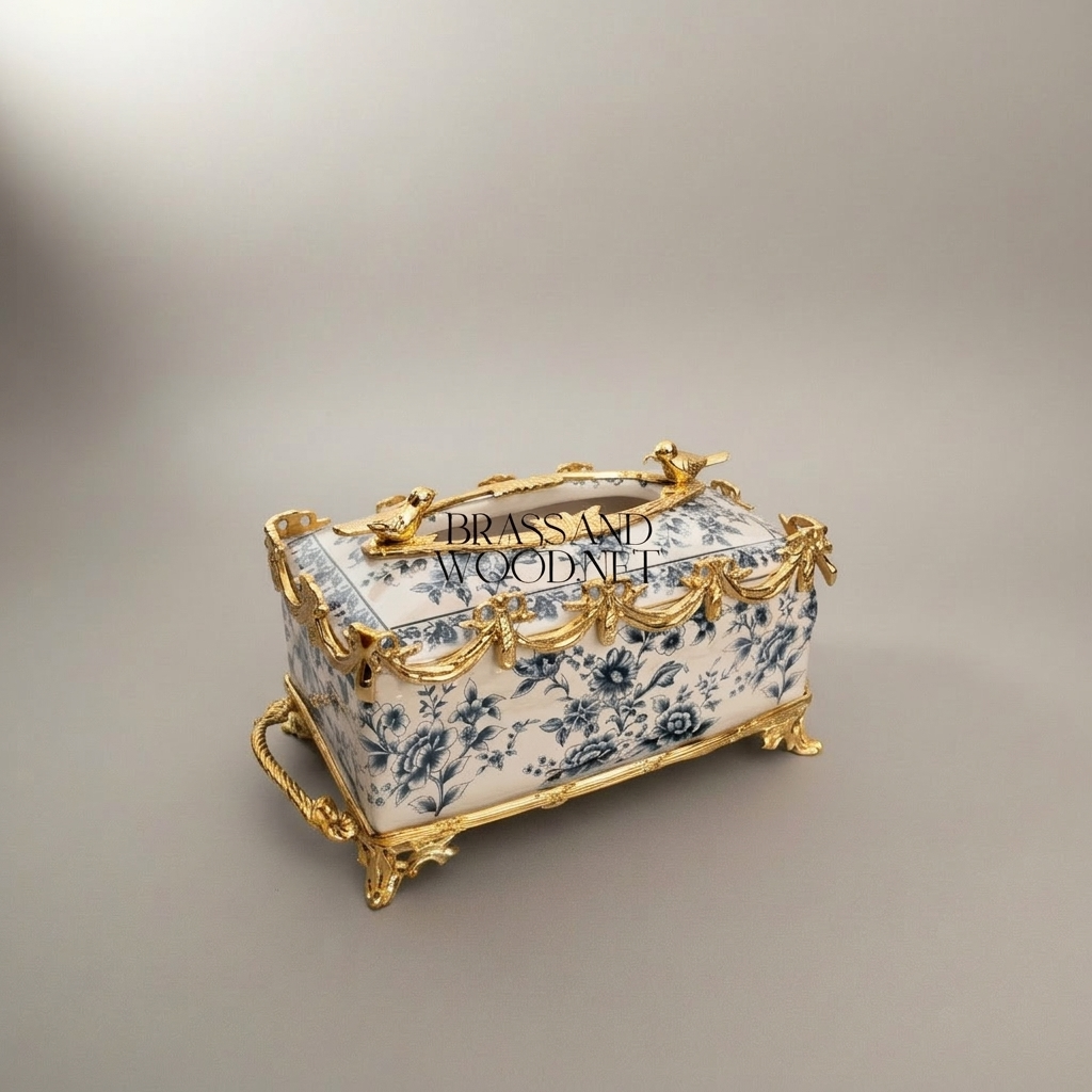 Rococo Brass & Ceramic Tissue Box - Blue Floral Toile with Swag & Bird Finials — Gold