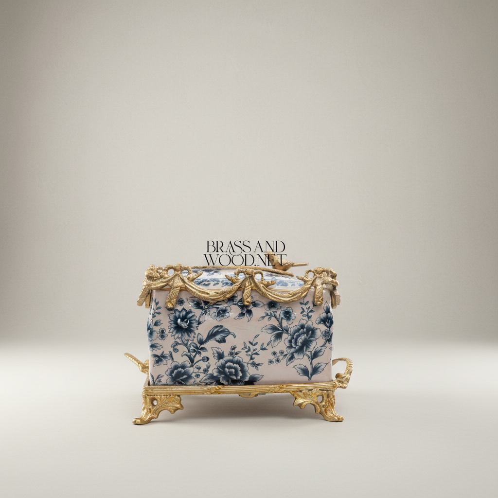 Rococo Brass & Ceramic Tissue Box - Blue Floral Toile with Swag & Bird Finials — Antique Gold