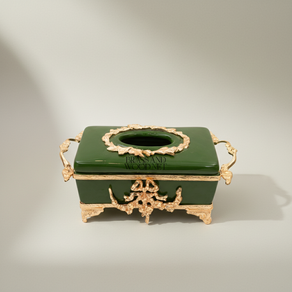 Rococo Brass & Ceramic Tissue Box Holder with Acanthus Scrollwork Frame — Gold