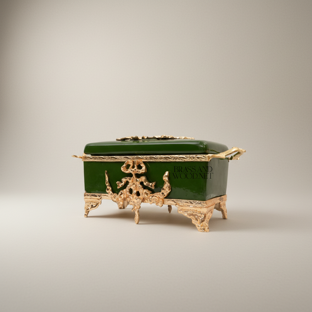 Rococo Brass & Ceramic Tissue Box Holder with Acanthus Scrollwork Frame — Gold