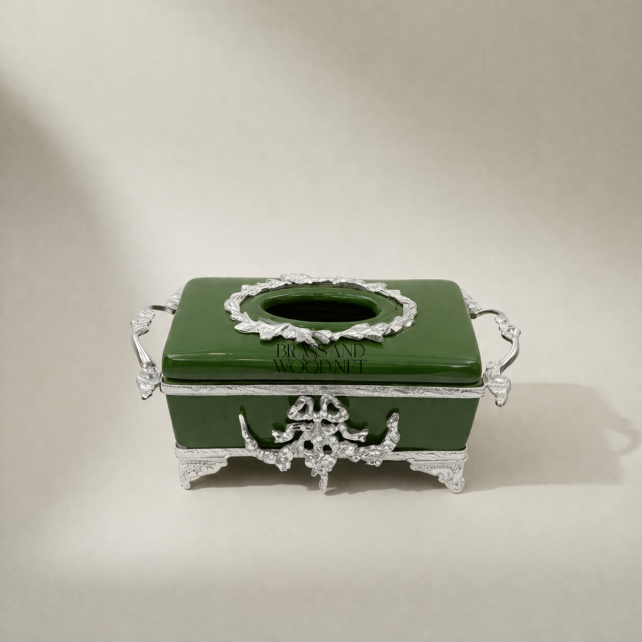 Rococo Brass & Ceramic Tissue Box Holder with Acanthus Scrollwork Frame