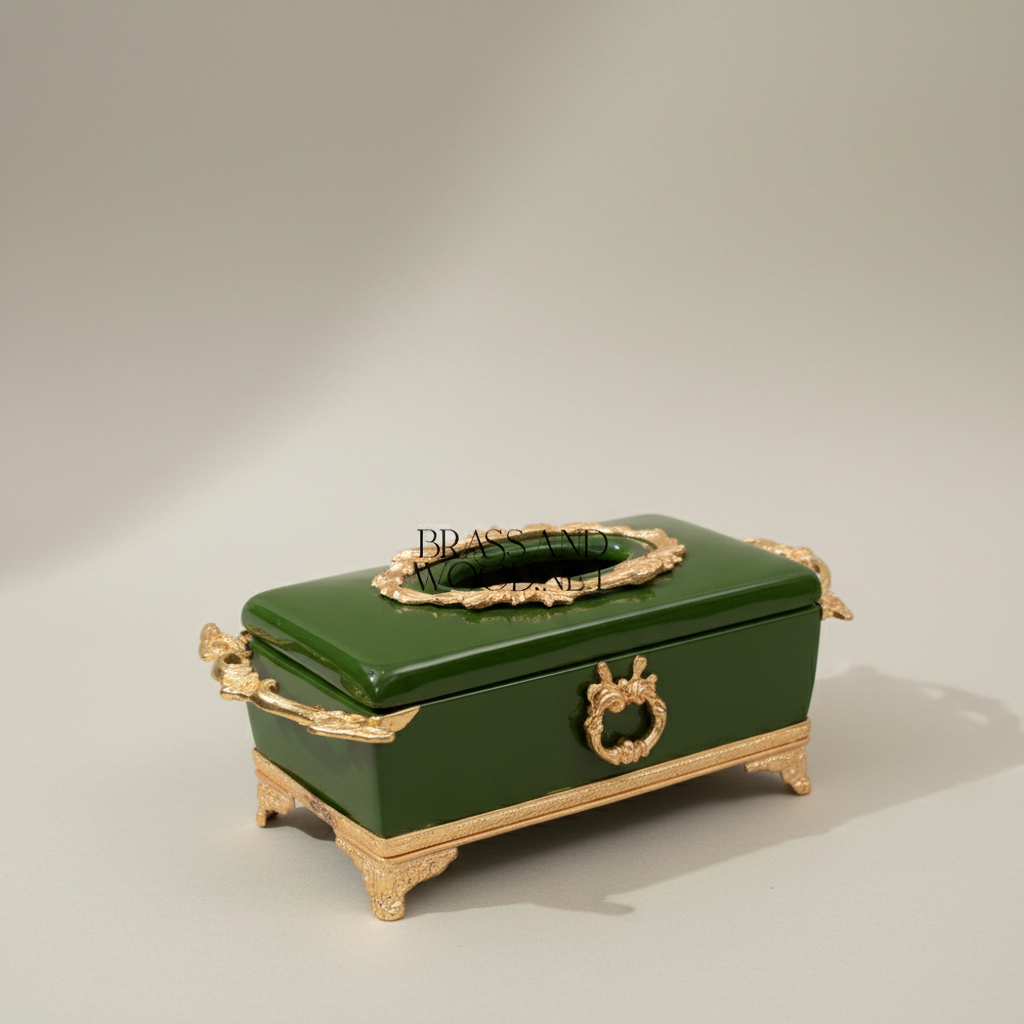 Rococo Brass & Ceramic Tissue Box Holder with Acanthus Scrollwork Frame — Gold