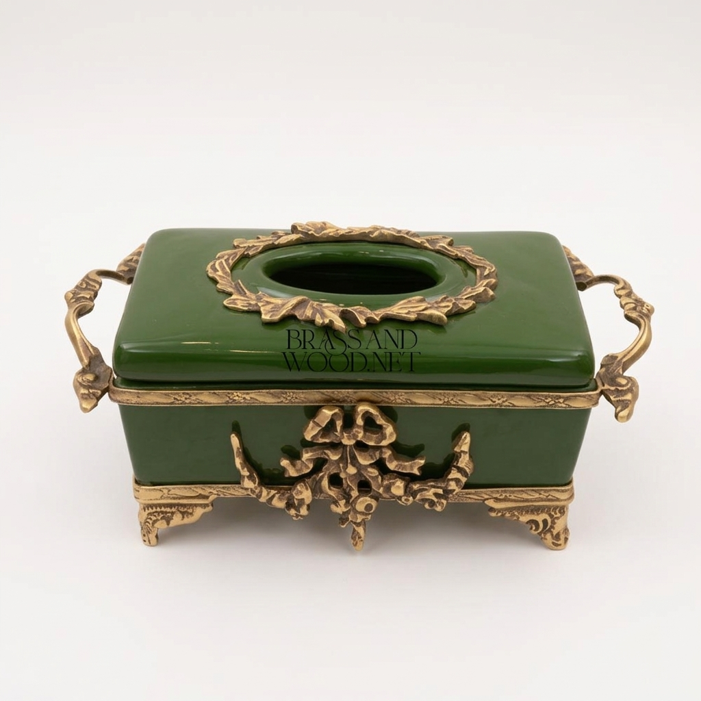 Rococo Brass & Ceramic Tissue Box Holder with Acanthus Scrollwork Frame — Antique Gold