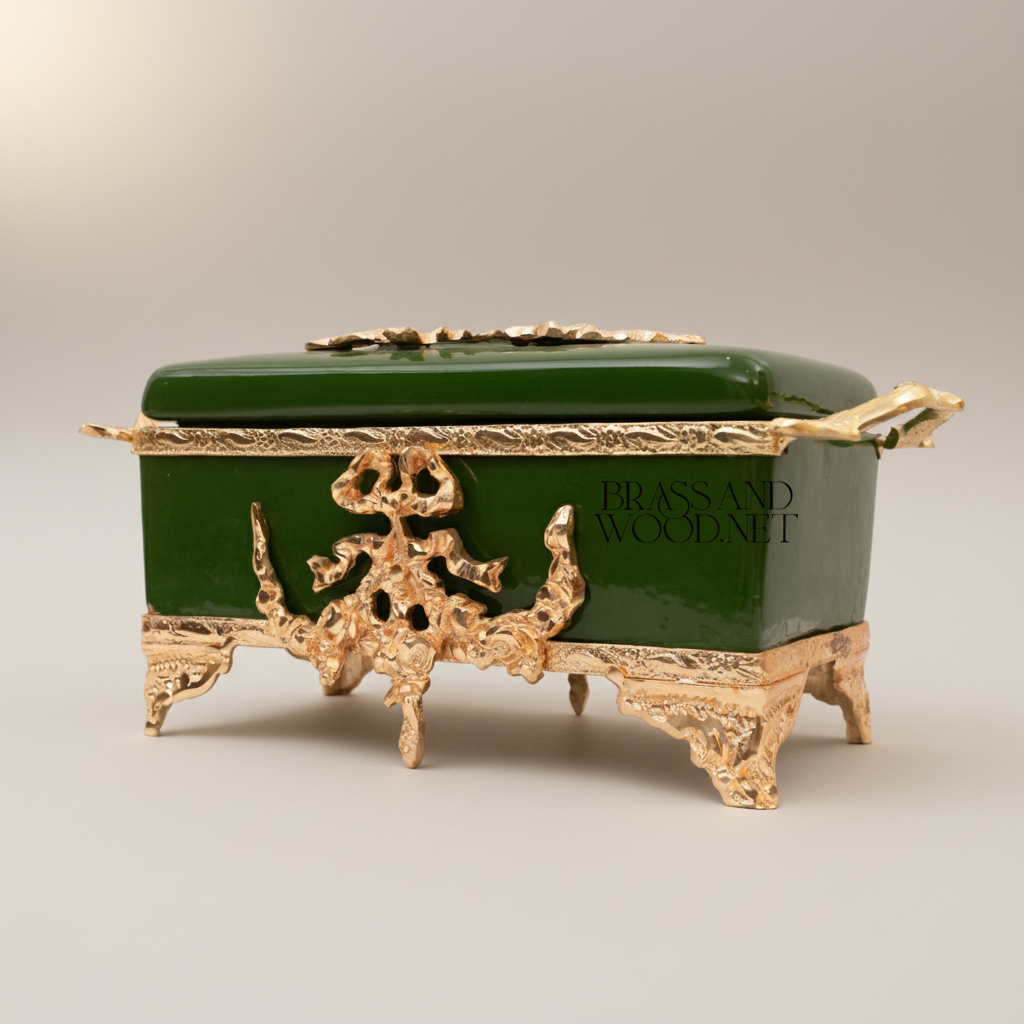 Rococo Brass & Ceramic Tissue Box Holder with Acanthus Scrollwork Frame — Gold